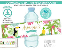 Editable Luau Water Bottle Labels, Tropical Party Decorations (Instant Download)