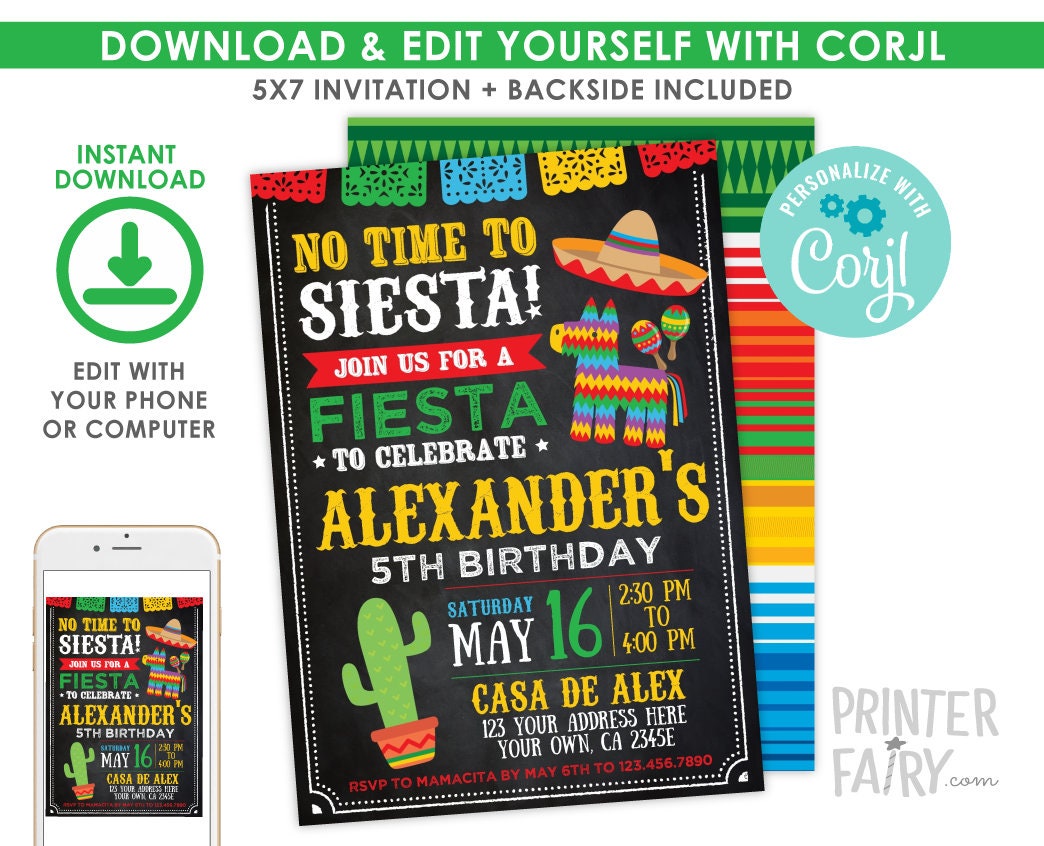 Editable Fiesta Birthday Invitation, Cinco de Mayo Party (Digital Invite)
