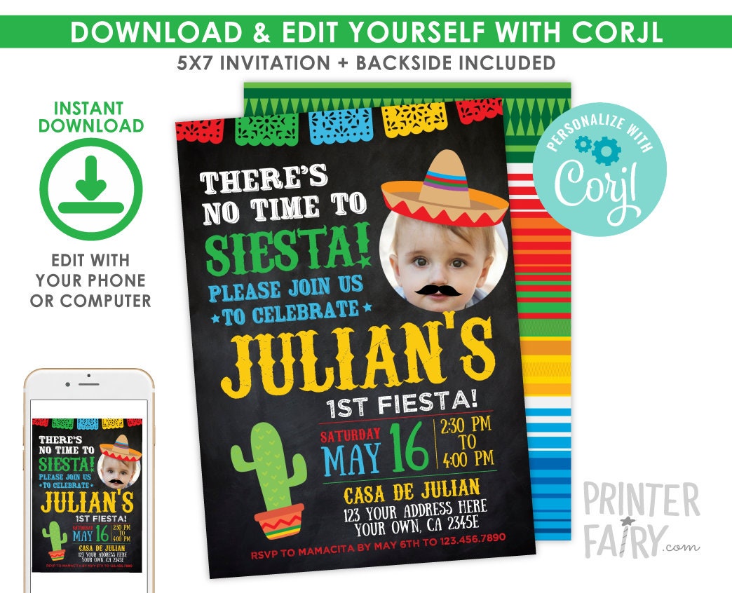 Fiesta Birthday Invitation with Photo, Cinco de Mayo, Editable Digital Invite