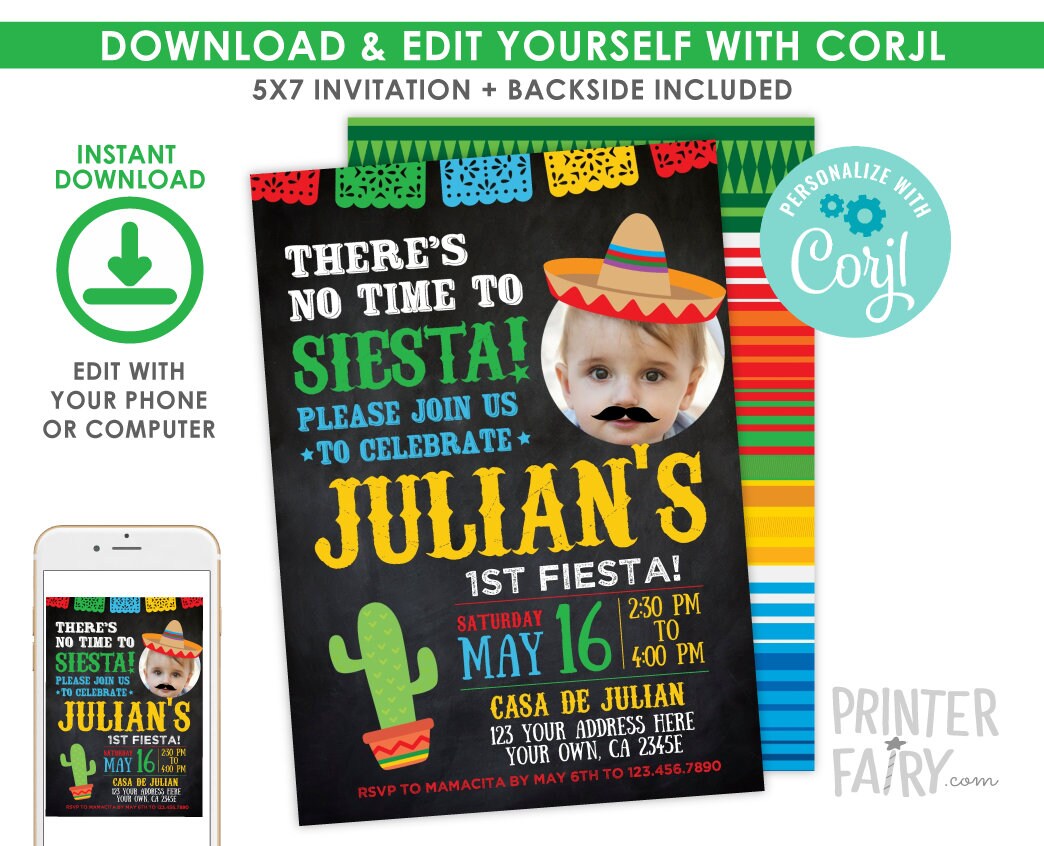 Fiesta Birthday Invitation with Photo, Cinco de Mayo, Editable Digital Invite