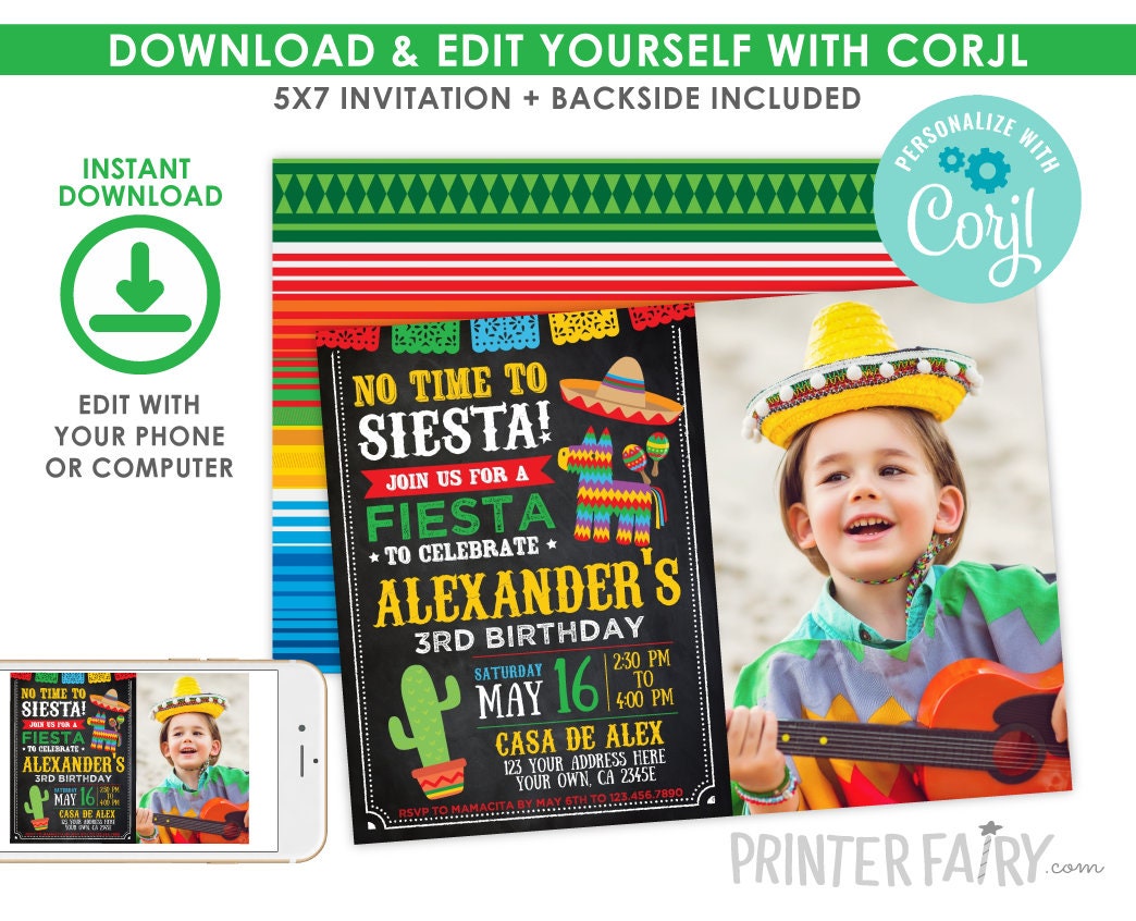 Fiesta Birthday Invitation, Photo, Cinco de Mayo, EDITABLE (Digital Invite)