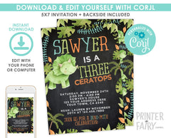 ThreeCeratops Birthday Invitation, Dinosaur Party (EDITABLE Digital Invite)