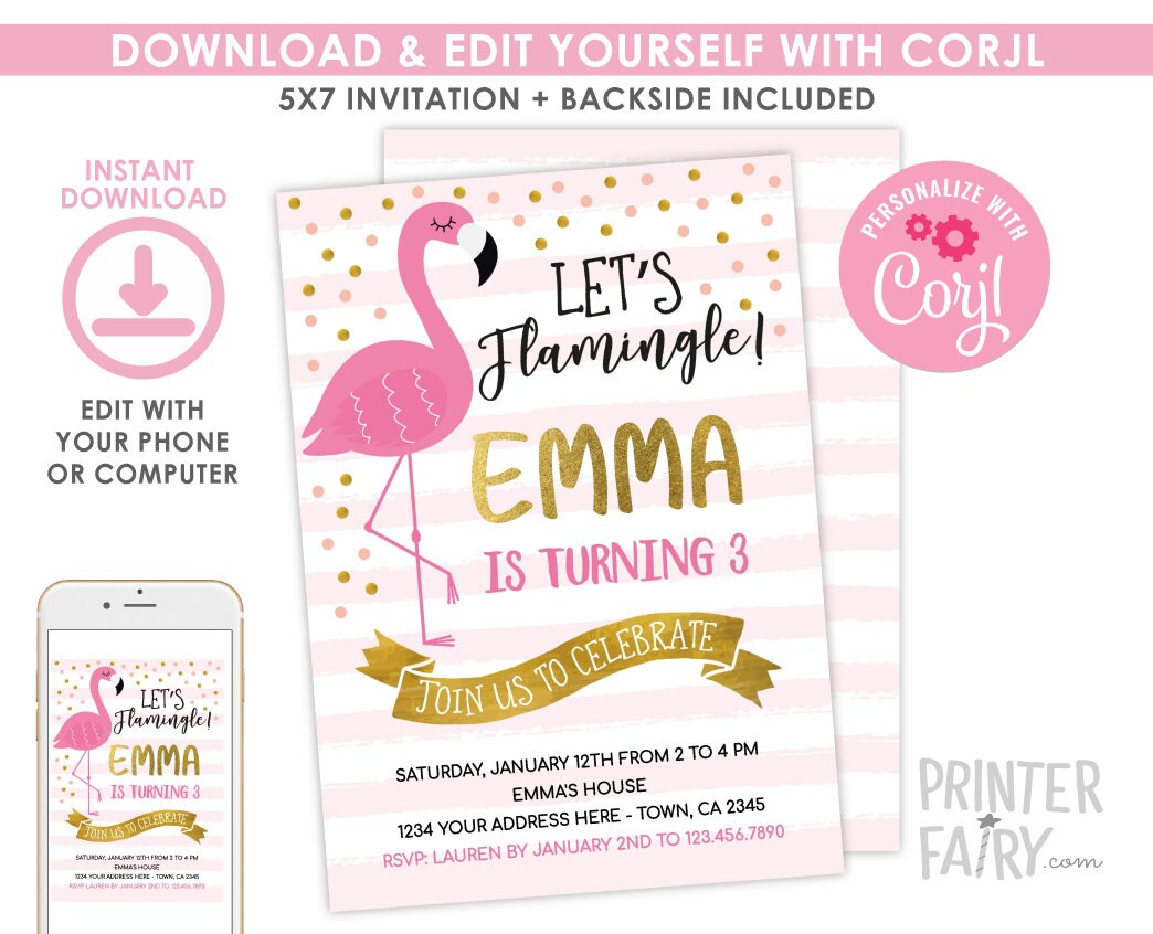 Editable Flamingo Birthday Invitation, Tropical Pool Party (Instant Download)