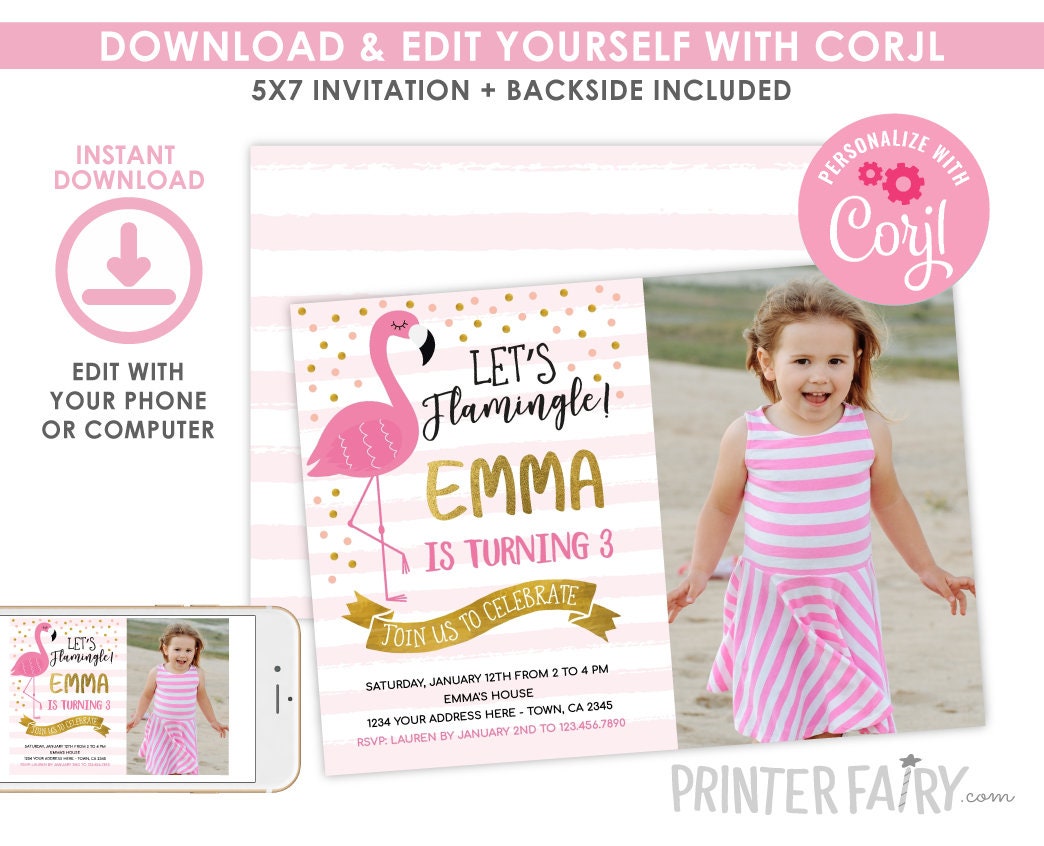 Flamingo Birthday Invitation with Photo, Editable Template (Digital Download)
