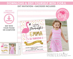 Flamingo Birthday Invitation with Photo, Editable Template (Digital Download)