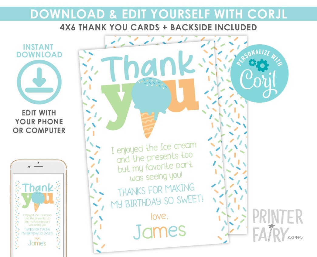 Ice Cream Thank You Cards, EDITABLE 4x6 (Digital Download)