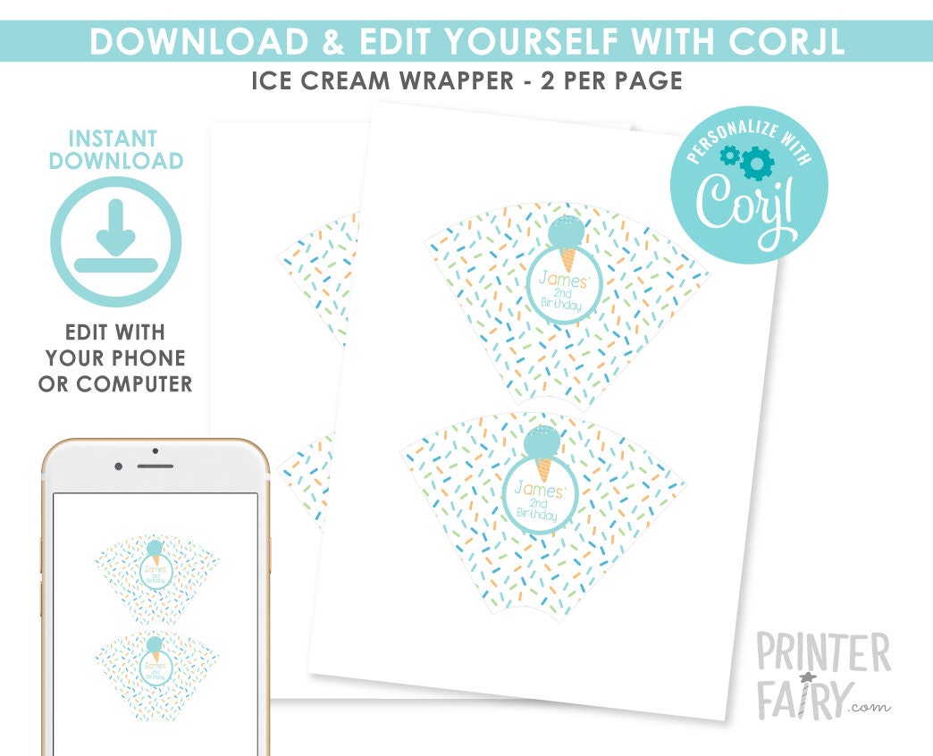 Editable Ice Cream Cone Wrapper, Sprinkles Birthday (Digital Download)