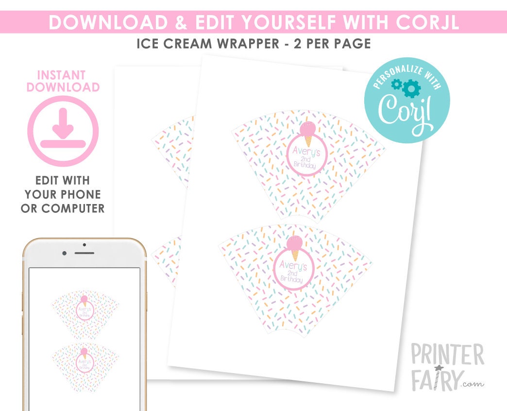 Editable Ice Cream Cone Wrapper, Sprinkles Birthday Party (Digital Download)
