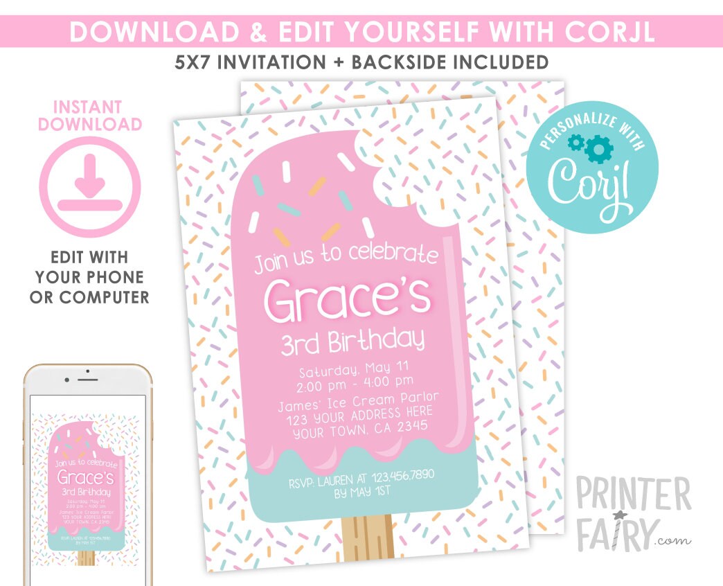 Popsicle Birthday Invitation, Summer Party (Digital, Editable)