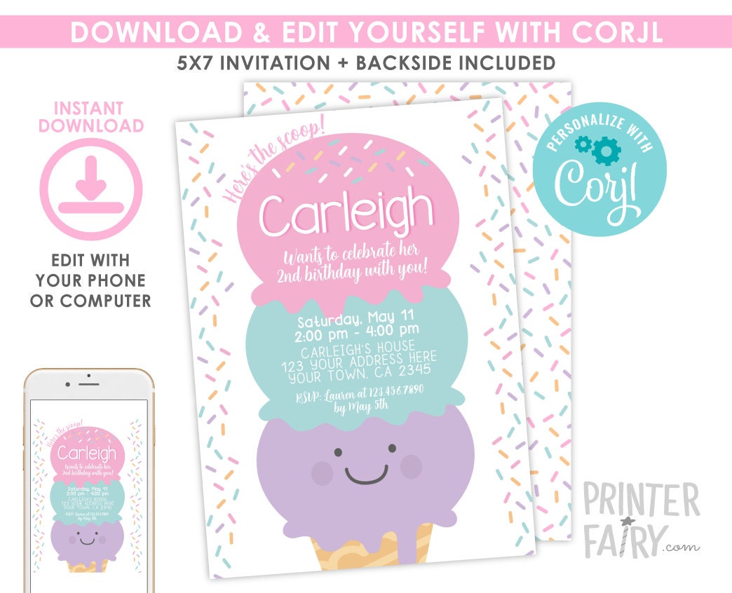 Editable Ice Cream Birthday Invitation, Sprinkles Party (Digital Download)