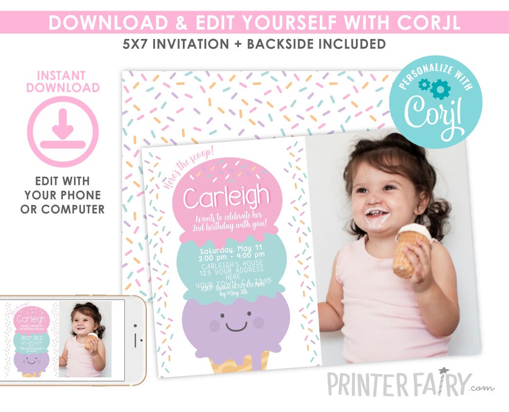 Editable Ice Cream Birthday Invitation with Photo (Digital Invite)