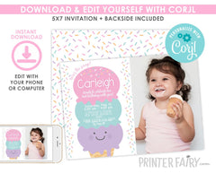 Editable Ice Cream Birthday Invitation with Photo (Digital Invite)
