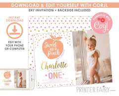 Sweet as a Peach Birthday Invitation, Photo, Editable (Instant Download)