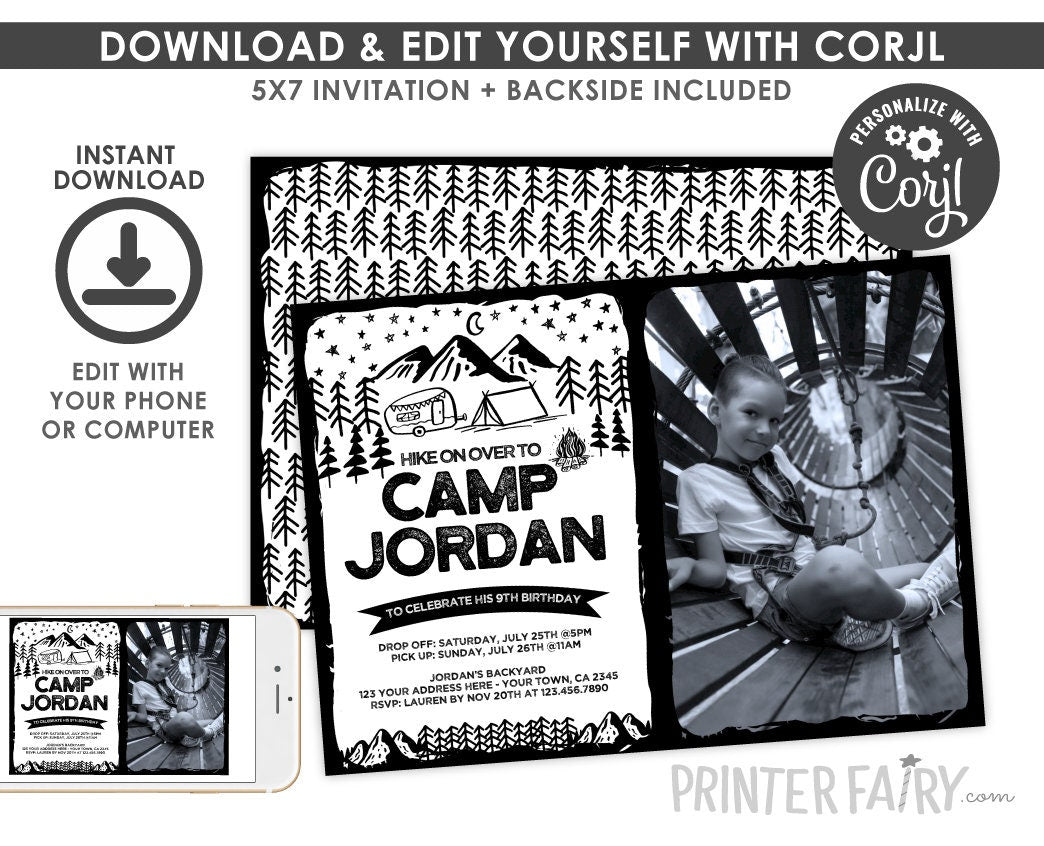 Editable Photo Camping Birthday Invitation, Black & White (Instant Download)