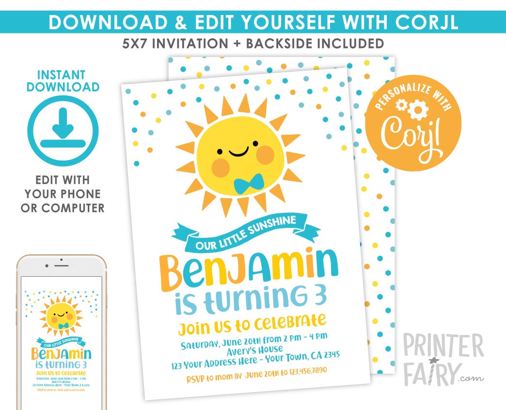 Little Sunshine Birthday Invitation, Editable Template (Instant Download)