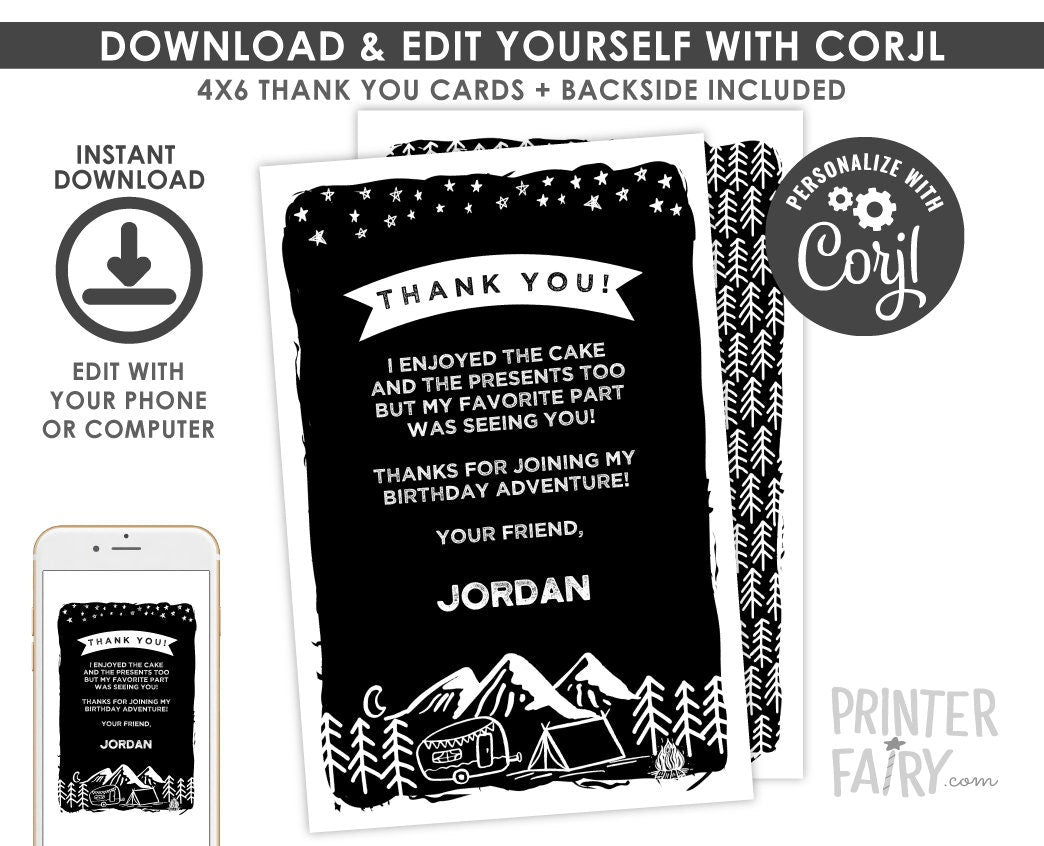 Camping Thank You Card, Editable Birthday Party Note (INSTANT DOWNLOAD)