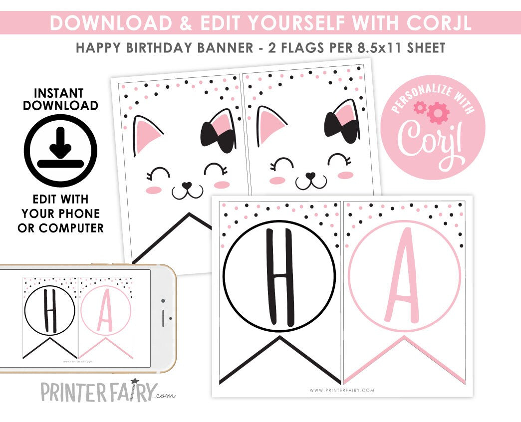 Editable Kitty Cat Birthday Banner, Printable Cat Party Decorations (Instant Download)