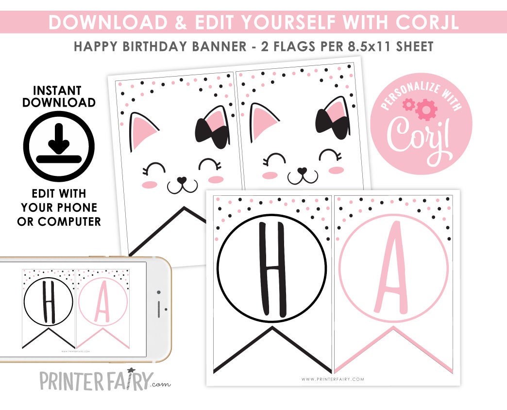 Editable Kitty Cat Birthday Banner, Printable Cat Party Decorations (Instant Download)