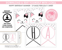 Editable Kitty Cat Birthday Banner, Printable Cat Party Decorations (Instant Download)