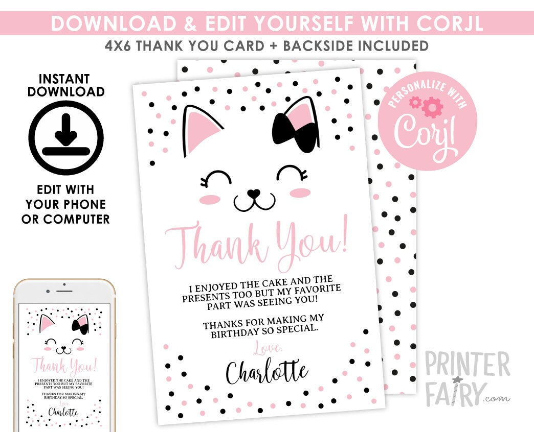 Kitty Cat Thank You Cards, EDITABLE, Birthday Party (Digital Download)