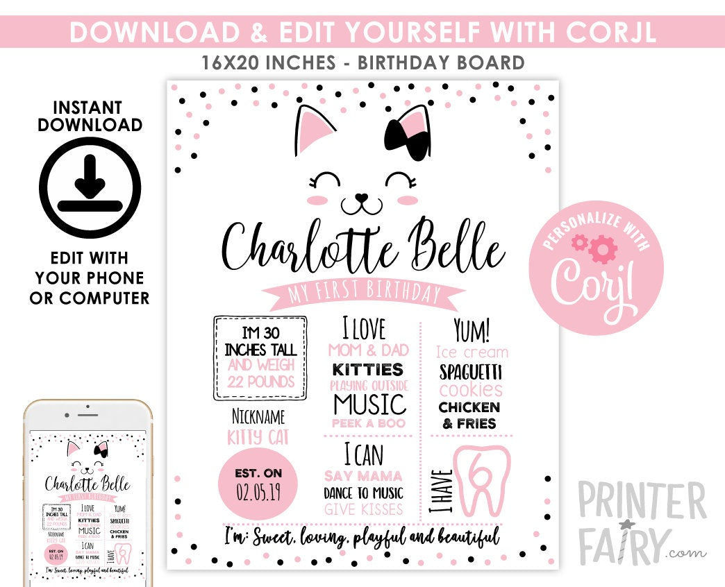 Kitty Cat Birthday Milestones Board, Editable (Digital Download)