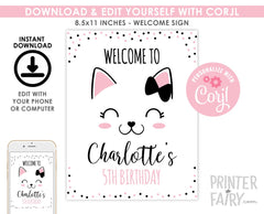 Kitty Cat Birthday Welcome Sign, Editable Digital Sign (Instant Download)