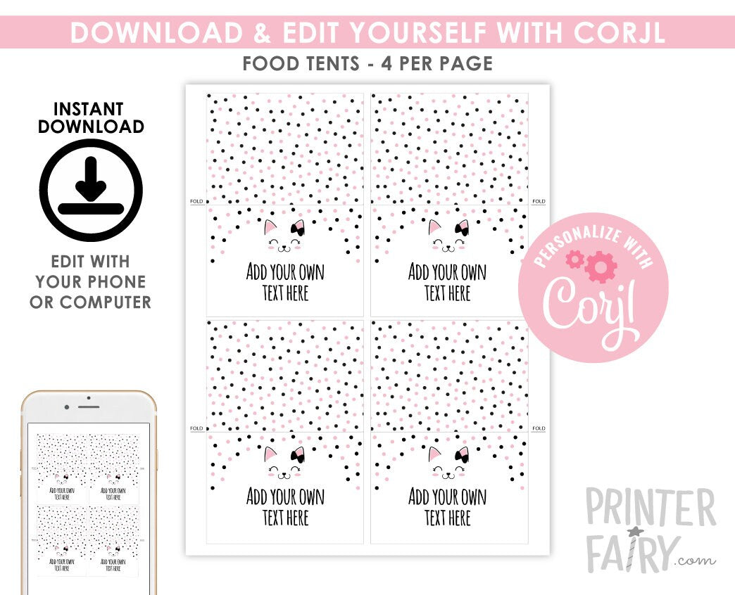 Editable Kitty Cat Food Tents, Birthday Party Place Cards (Digital Download)