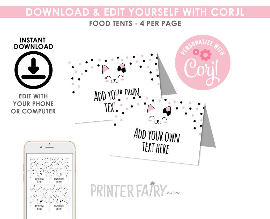 Editable Kitty Cat Food Tents, Birthday Party Place Cards (Digital Download)