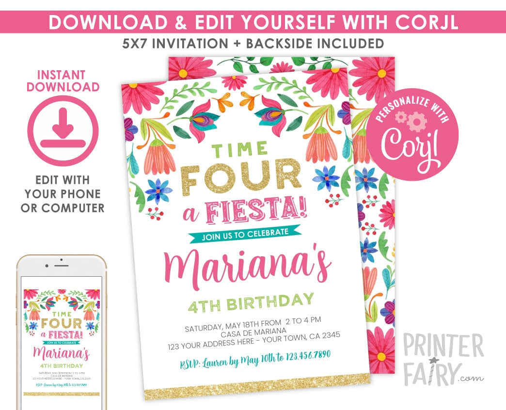 Floral Fiesta 4th Birthday Invitation, Cinco de Mayo (Digital Invite)