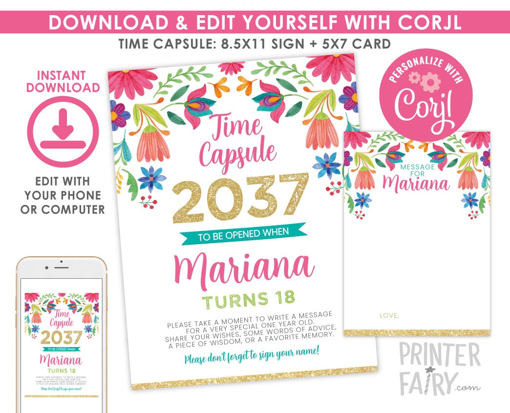 Mexican Fiesta Time Capsule EDITABLE Sign and Card Templates, INSTANT DOWNLOAD