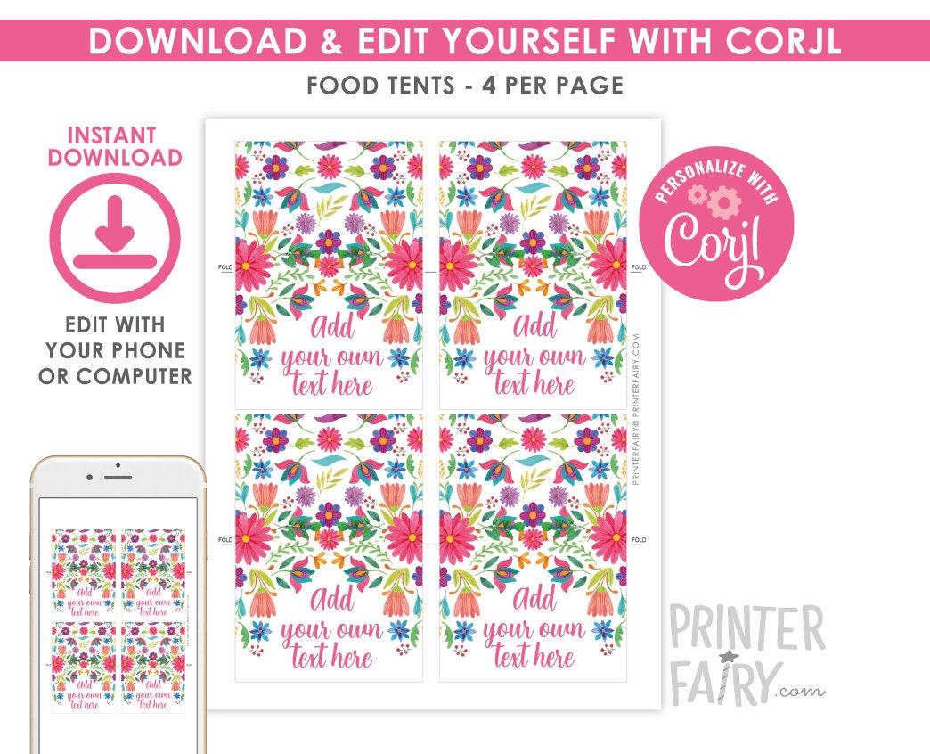 Mexican Fiesta Food Tents Editable Template Place Cards (Instant Download)