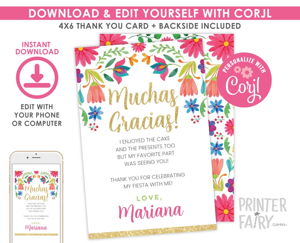 Mexican Fiesta Thank You Cards EDITABLE Template, INSTANT DOWNLOAD