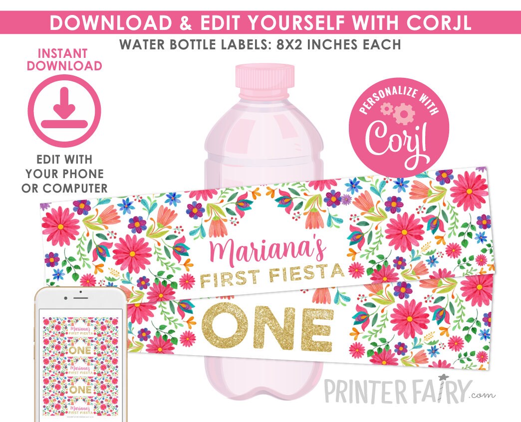 Fiesta Water Bottle Labels, Editable Templates, Cinco de Mayo (Instant Download)
