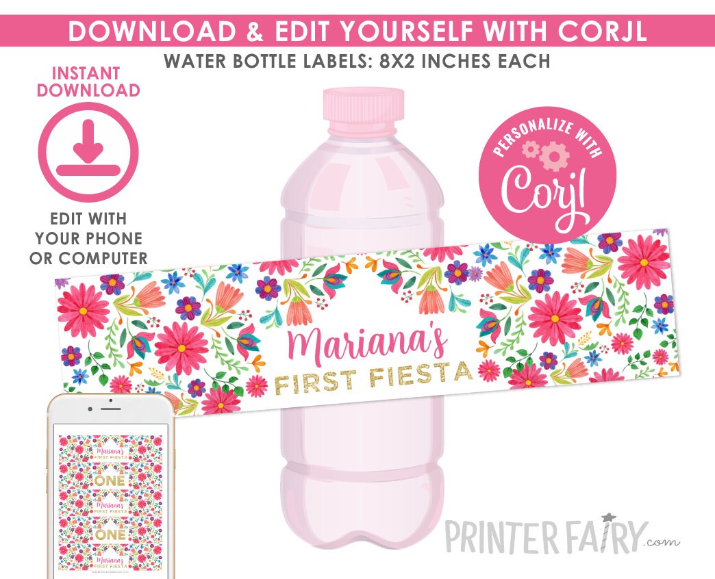 Fiesta Water Bottle Labels, Editable Templates, Cinco de Mayo (Instant Download)