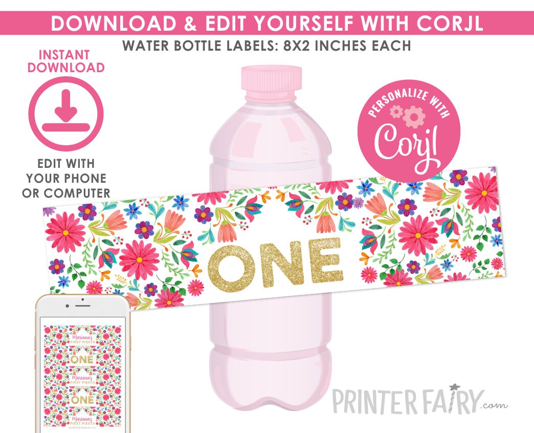 Fiesta Water Bottle Labels, Editable Templates, Cinco de Mayo (Instant Download)