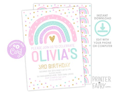 Rainbow 1st Birthday Invitation, Modern Party Invite (INSTANT DOWNLOAD)