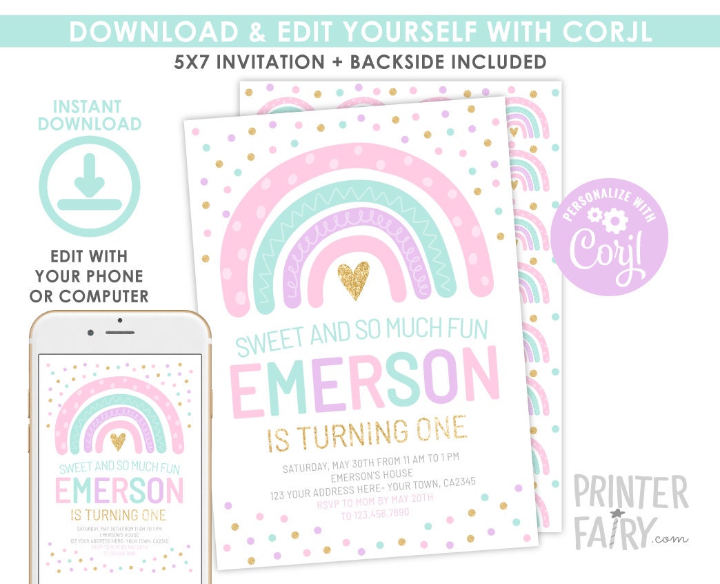 Pastel Rainbow First Birthday Invitation, Editable Template (Digital Download)