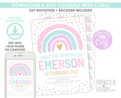 Pastel Rainbow First Birthday Invitation, Editable Template (Digital Download)