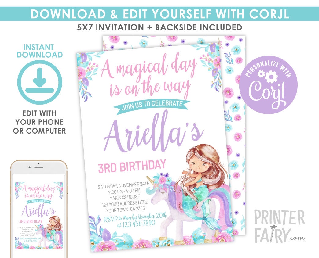Unicorn Mermaid Birthday Invitation, Magical Floral Party (EDITABLE, INSTANT DOWNLOAD)