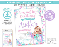 Unicorn Mermaid Birthday Invitation, Magical Floral Party (EDITABLE, INSTANT DOWNLOAD)