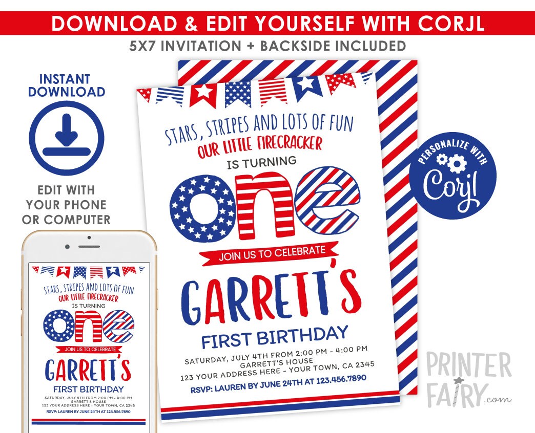 Editable 4th of July First Birthday Invitation (Digital Invite)