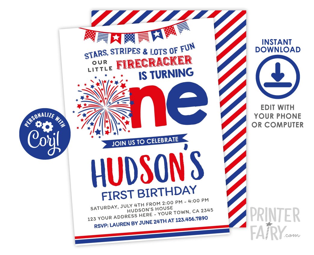 Firecracker First Birthday Invitation, 4th of July (Digital)