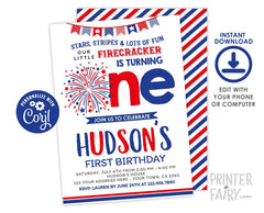 Firecracker First Birthday Invitation, 4th of July (Digital)