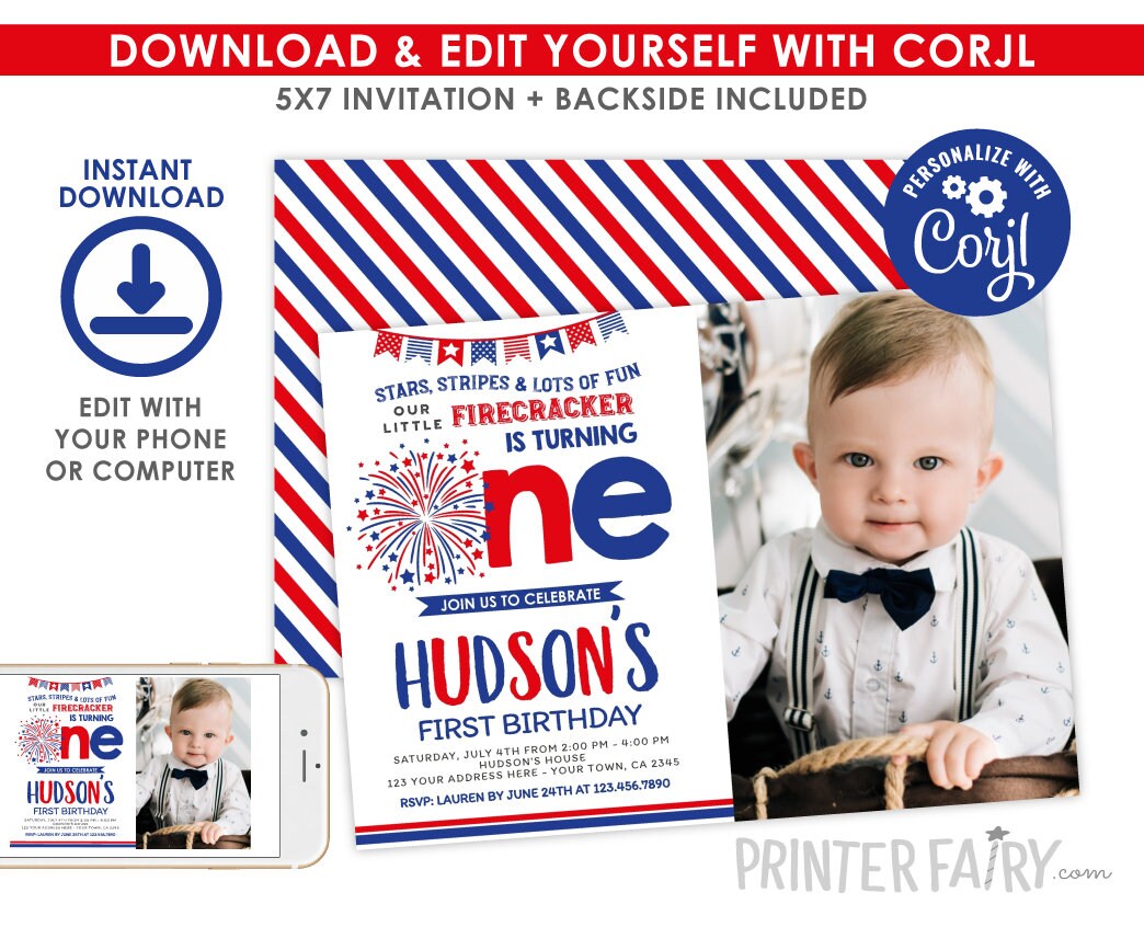 Firecracker 1st Birthday Invitation, 4th of July, Editable Template (Digital Download)