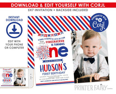 Firecracker 1st Birthday Invitation, 4th of July, Editable Template (Digital Download)