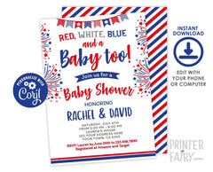 4th of July Baby Shower Invitation, Editable Digital Invite Template. Instant Download