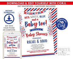 4th of July Baby Shower Invitation, Editable Digital Invite Template. Instant Download