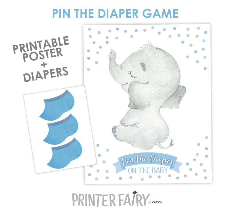 Pin The Diaper Game, 5 sizes included, Elephant Baby Shower Game, Pin the tail, INSTANT DOWNLOAD