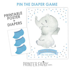 Pin The Diaper Game, 5 sizes included, Elephant Baby Shower Game, Pin the tail, INSTANT DOWNLOAD