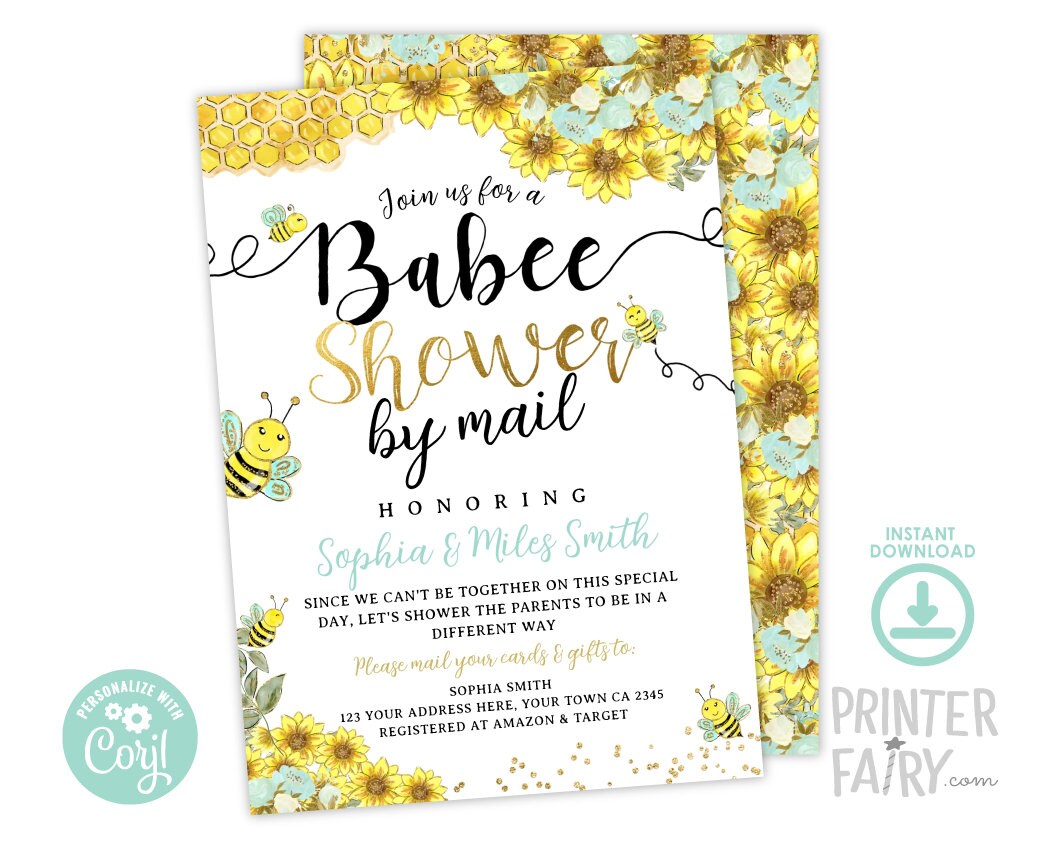 Bee Baby Shower by Mail Invitation, Sunflower Theme (Digital Download)